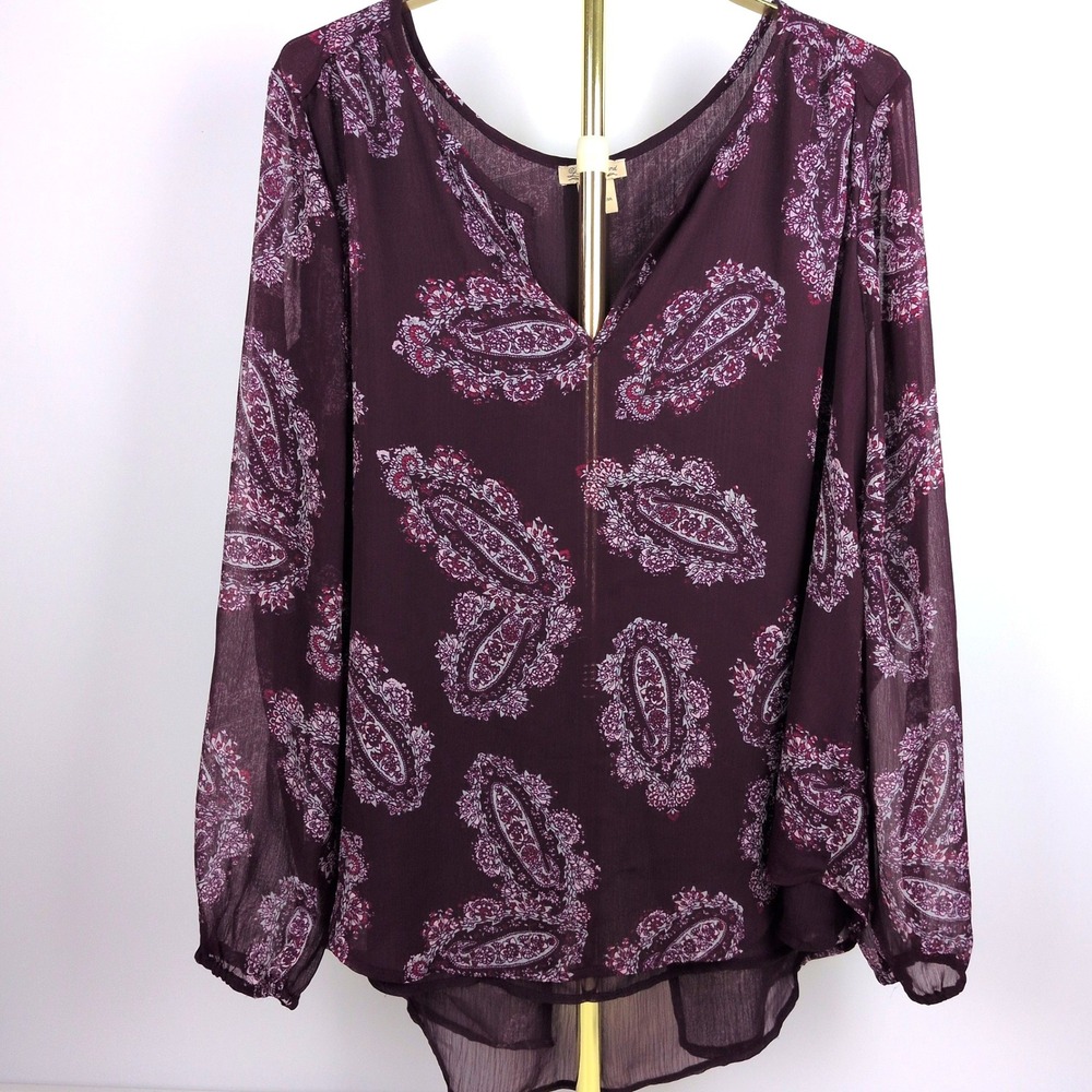 Lucky Brand Women XL Paisley Overlay Top Plum Purple Boho Chiffon Slit Back